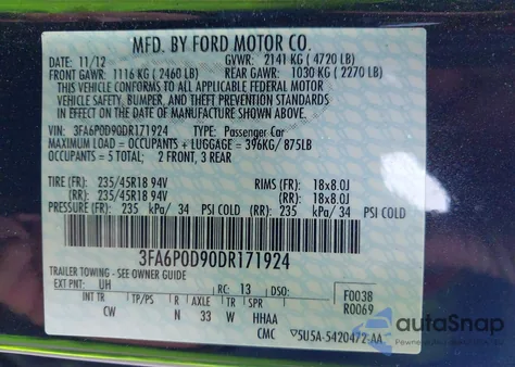 2013 Ford Fusion Titanium z USA, uszkodzony, nr VIN 3FA6P0D90DR171924